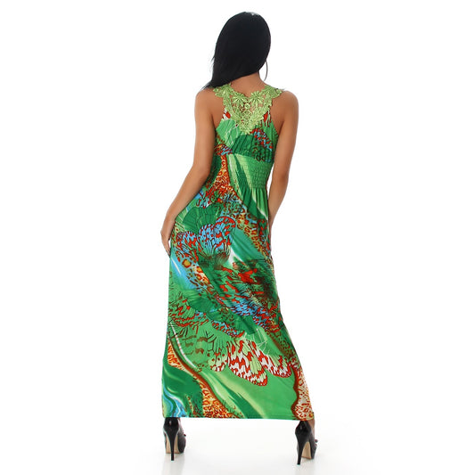 Abito lungo verde in fantasia con inserto in pizzo posteriore