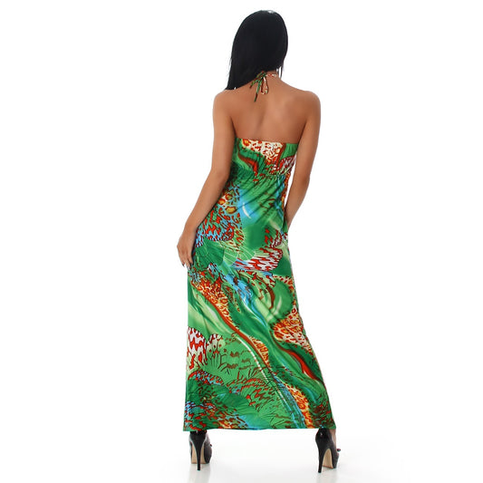 Abito lungo verde in fantasia con pietre nere