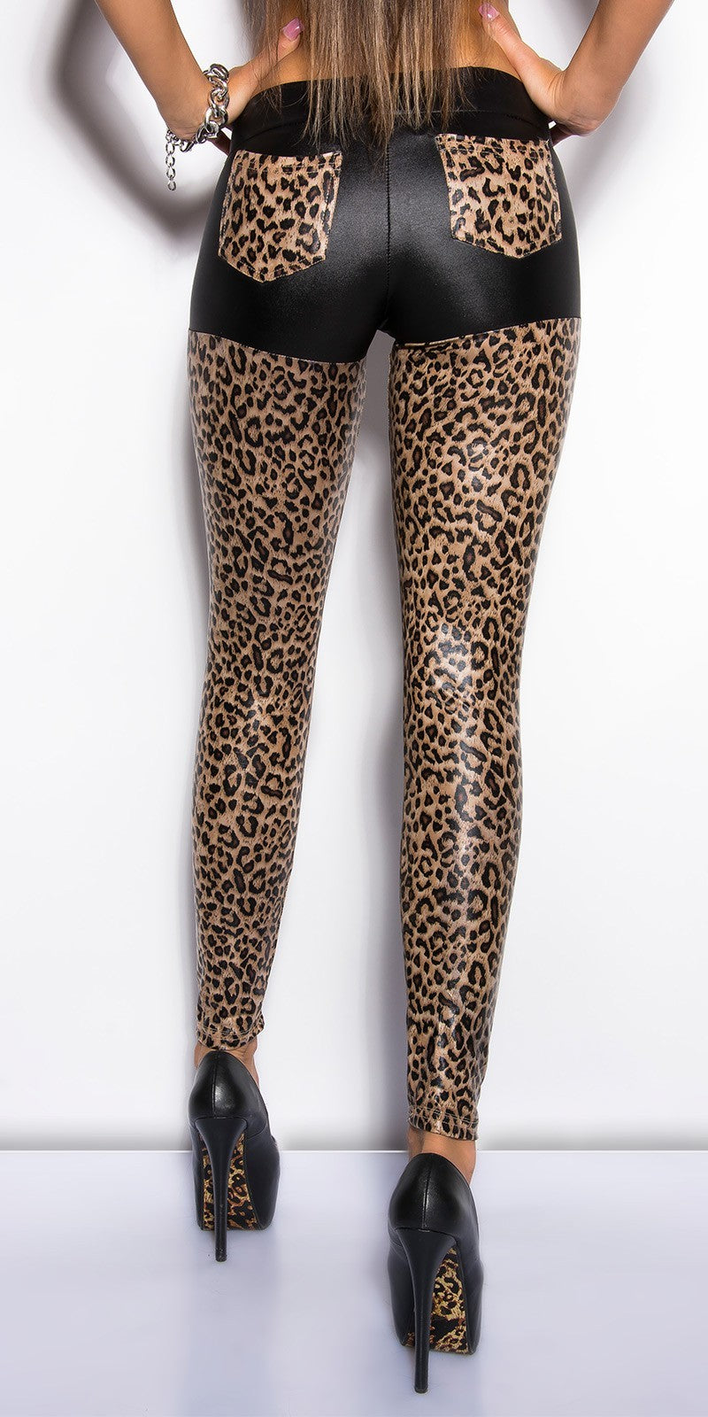 Leggings donna in tessuto effetto bagnato in fantasia