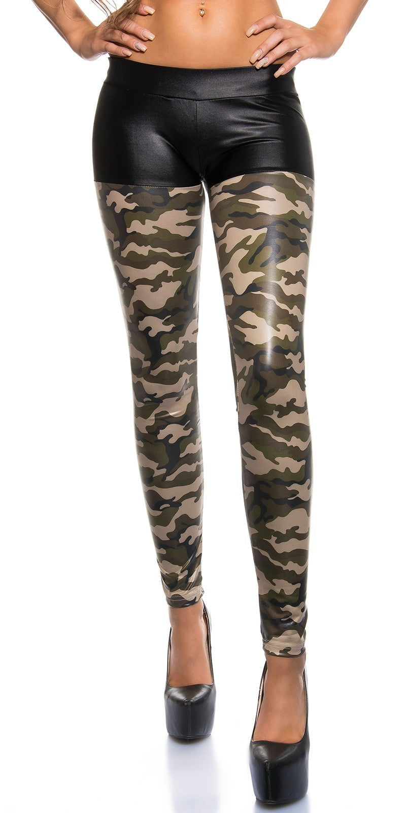 Leggings donna in tessuto effetto bagnato in fantasia