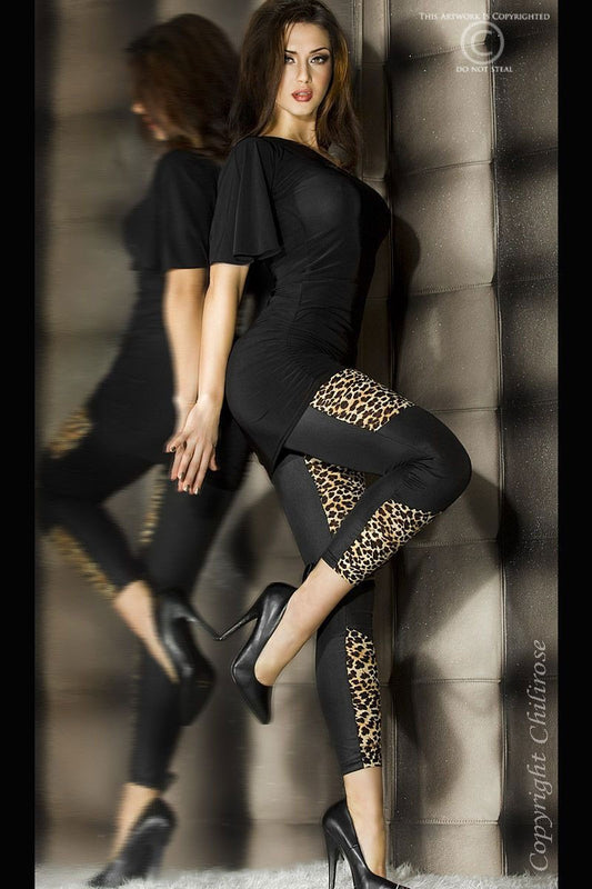 Leggings donna in tessuto elastico nero lucido con inserti leopardati