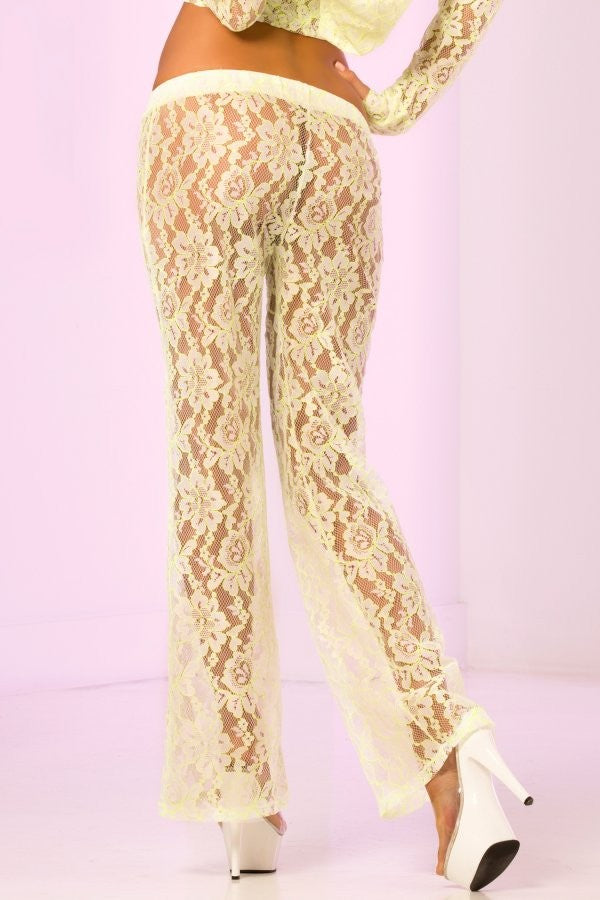 Sexy Pantaloni in pizzo bianco con filati verde lime fluorescente