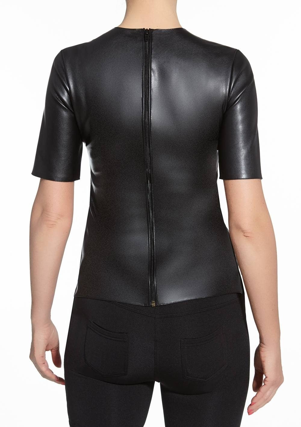 Maglietta donna a girocollo in similpelle nera, Bas Belu Collection