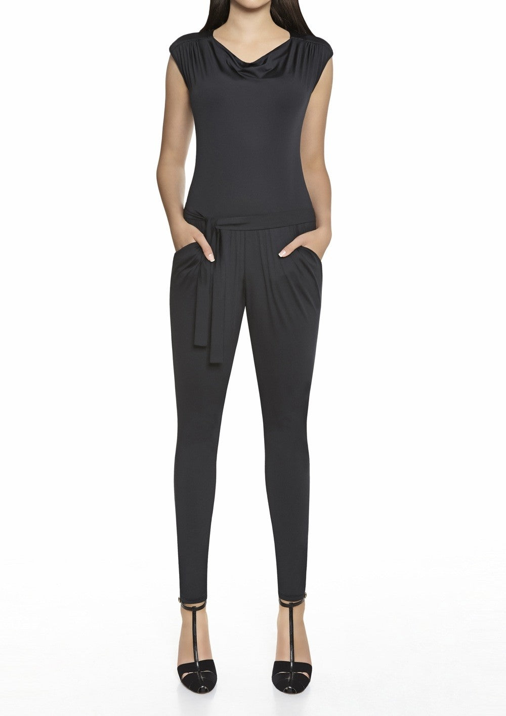 Tuta donna nera con scollatura drappeggiata, Bas Bleu Calze e Collant