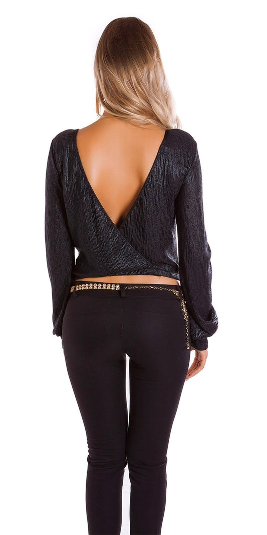 Maglietta in tessuto nero lucido con scollatura posteriore taglia unica 40/44