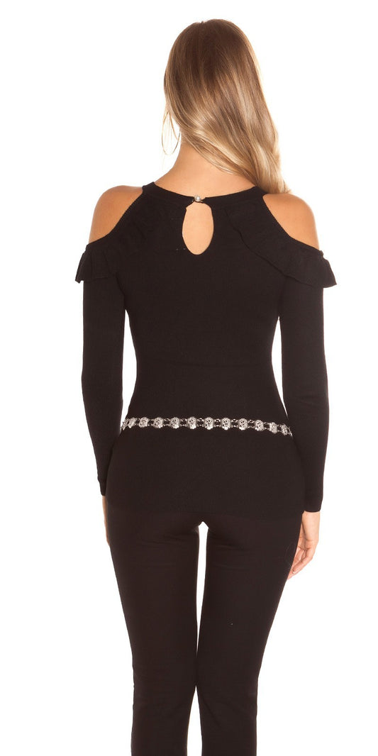 Maglietta donna nera a maniche lunghe con volant taglia unica