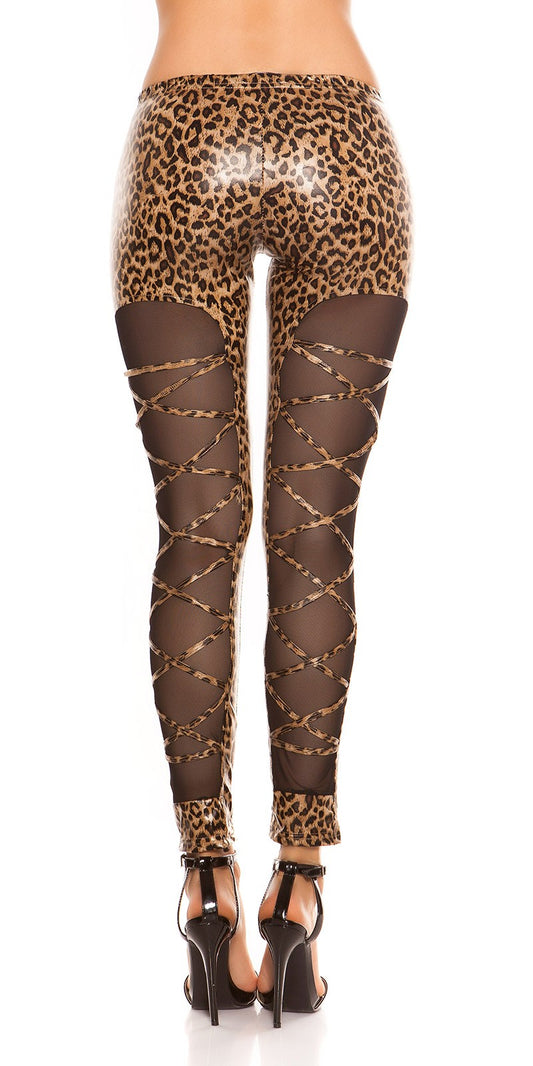 Sexy Leggings donna leopardati con strappi e inserti in tulle