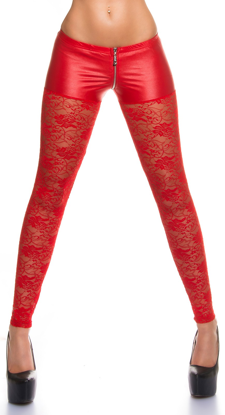 Sexy Leggings rossi in tessuto e pizzo con zip