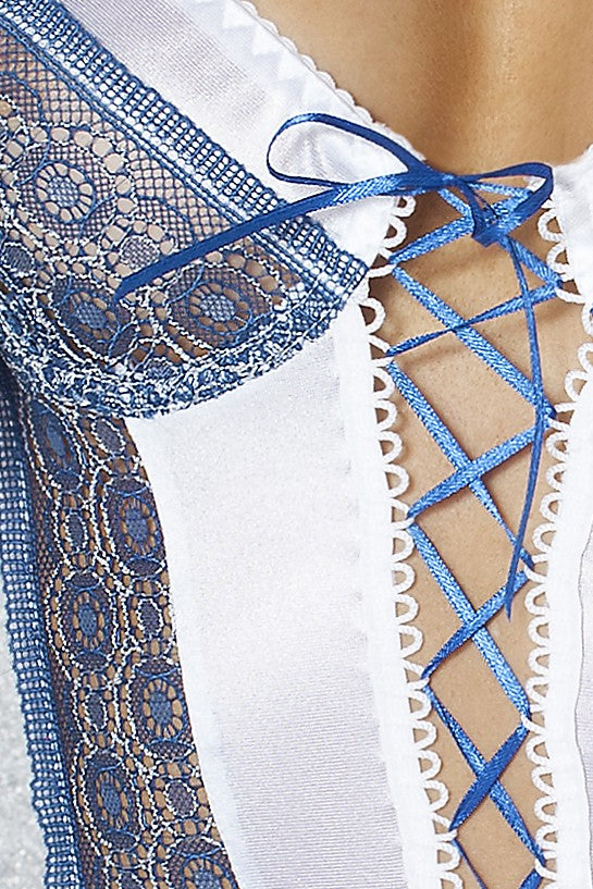 Chemise in raso bianco con inserti in pizzo blu e Perizoma, Passion