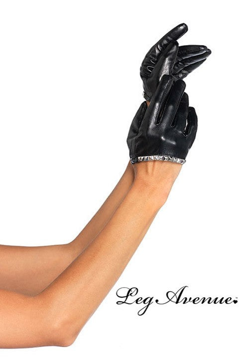 Guanti corti neri in ecopelle con borchiette