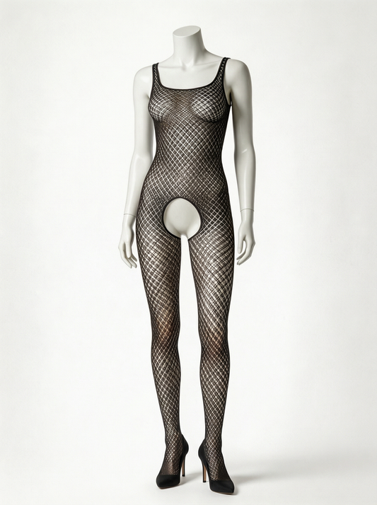 Sexy Catsuit nera in rete a rombi, Passion Lingerie