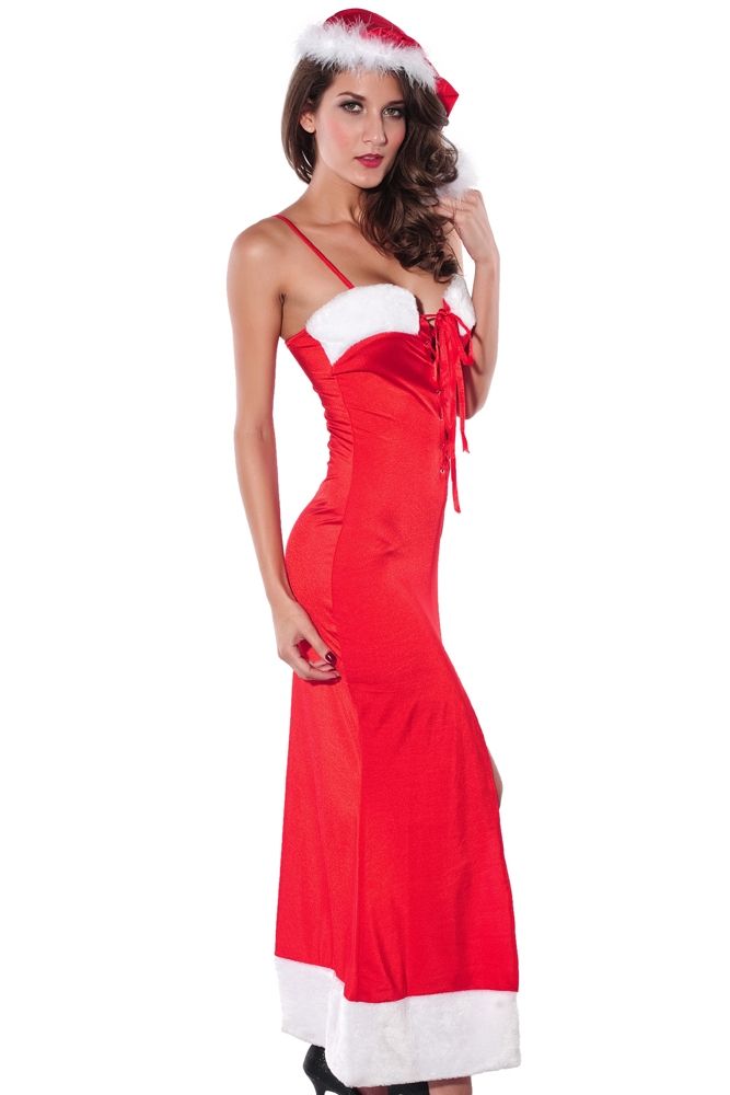 Sexy Abito lungo rosso Natale con spacco taglia unica