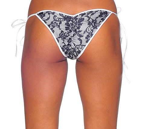 Mutandine sexy donna vita bassa in lycra stretch con fantasia effetto pizzo e laccetti sui fianchi vista posteriore