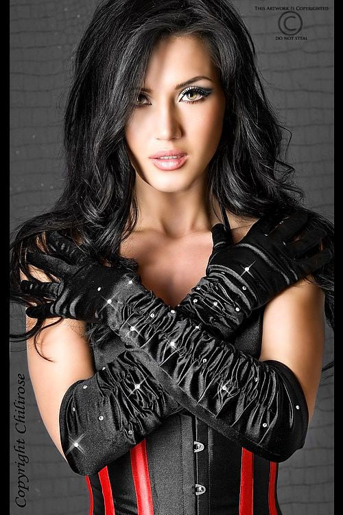 Sexy guanti lunghi Neri in raso con strass