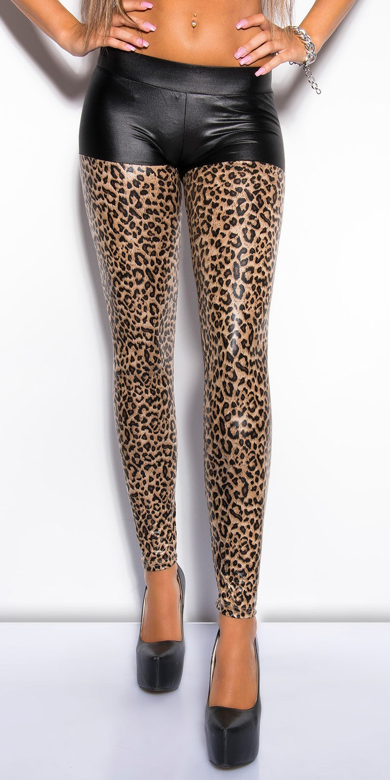 Leggings donna  in tessuto effetto bagnato in fantasia