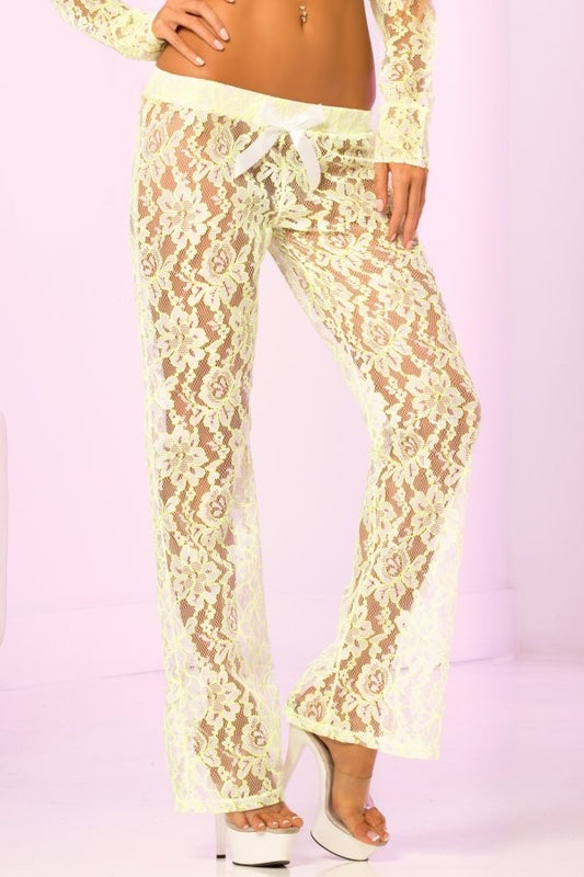 Sexy Pantaloni in pizzo bianco con filati verde lime fluorescente
