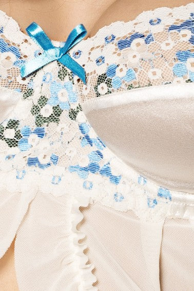 Babydoll color Crema con ricami blu e tanga, Passion Lingerie