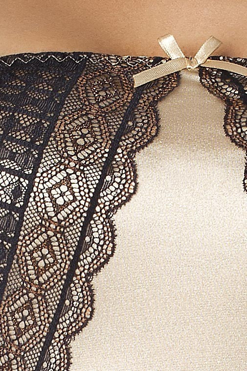 Corsetto in tessuto satinato beige con inserti in pizzo nero e Tanga