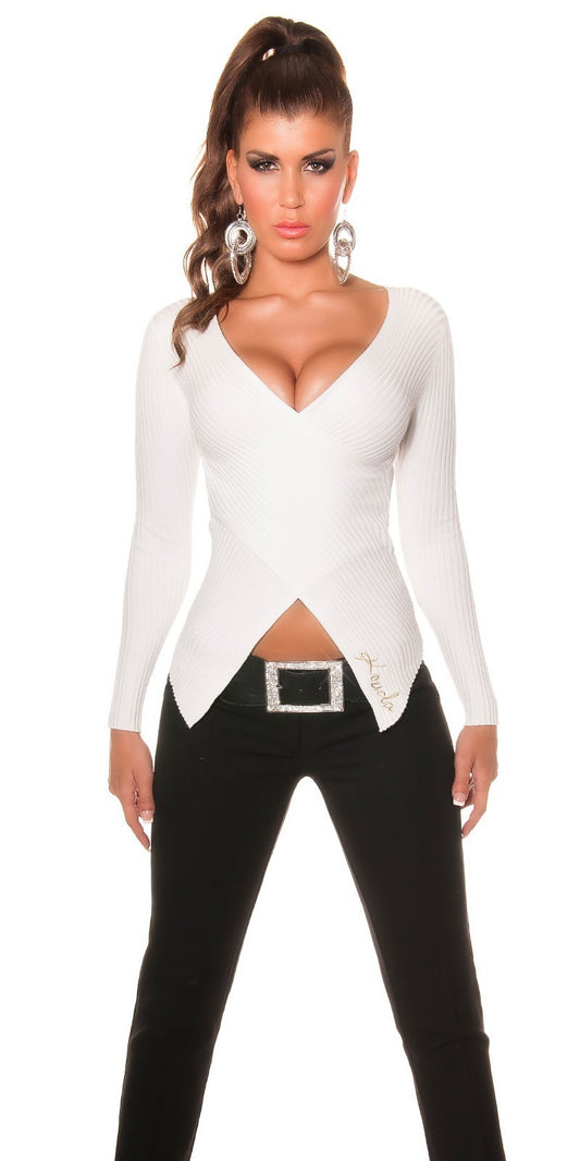 Maglioncino donna scollato a V in tessuto elastico a costine