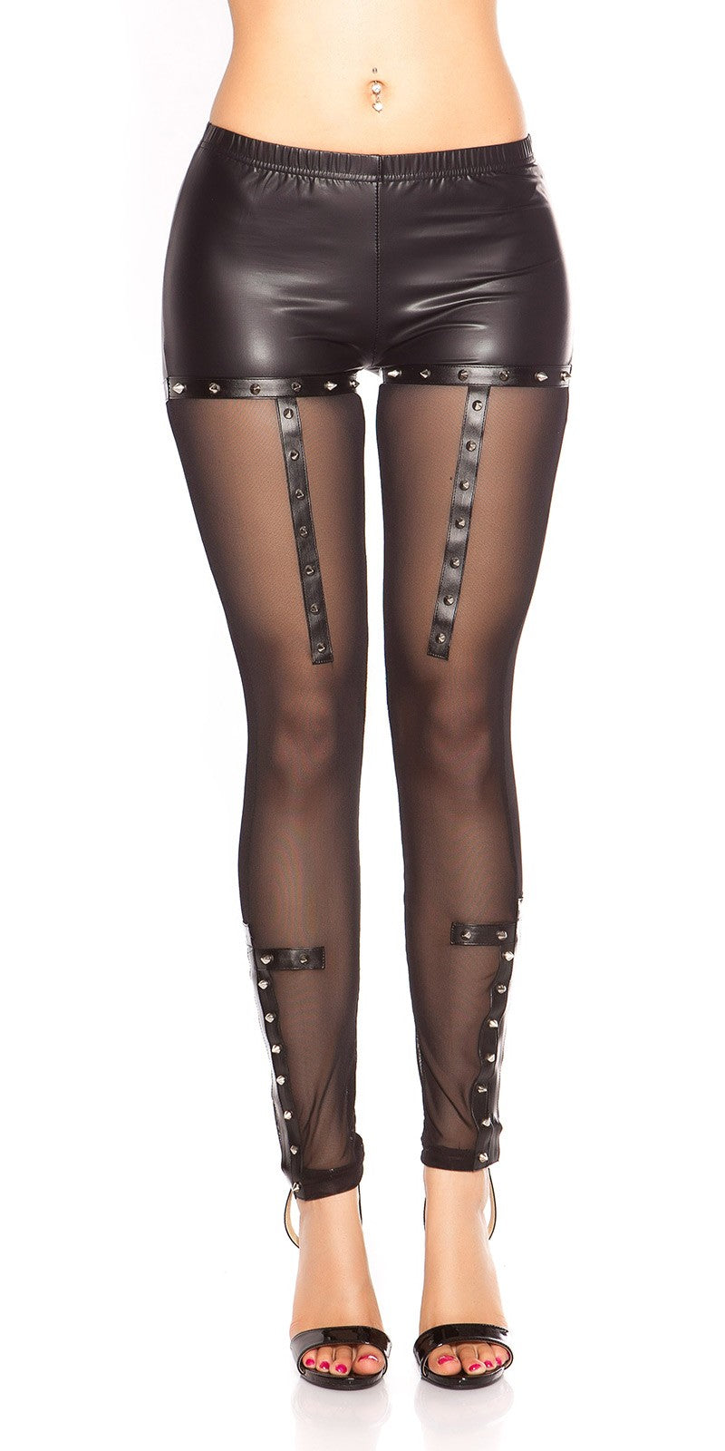 Sexy Leggings neri in tessuto lucido e tulle con borchiette