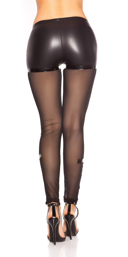 Sexy Leggings neri in tessuto lucido e tulle con borchiette
