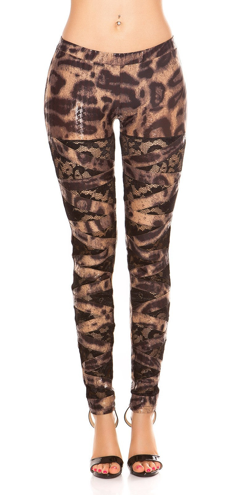 Leggings donna leopardati lucidi con inserti in pizzo nero