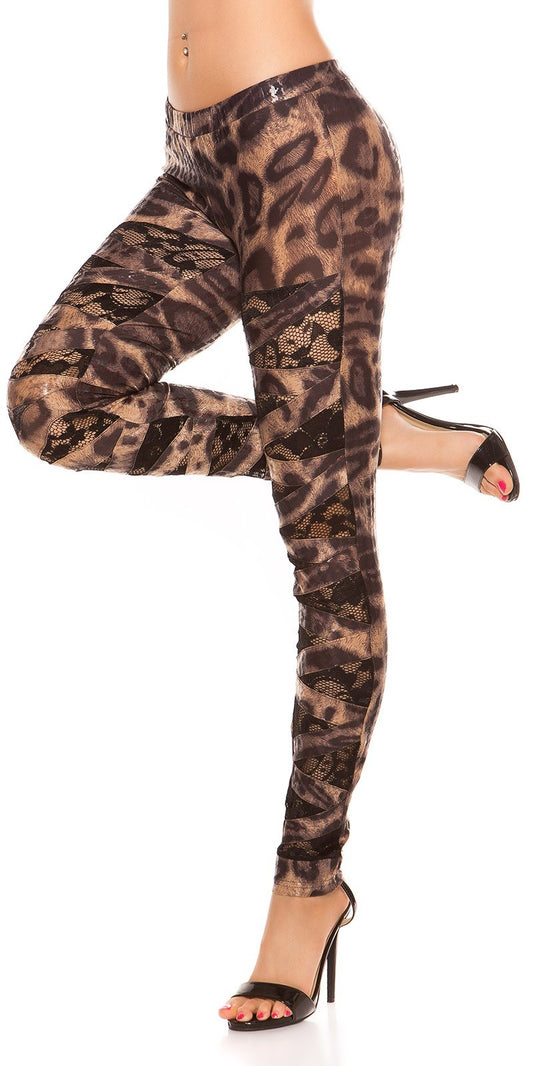 Leggings donna leopardati lucidi con inserti in pizzo nero