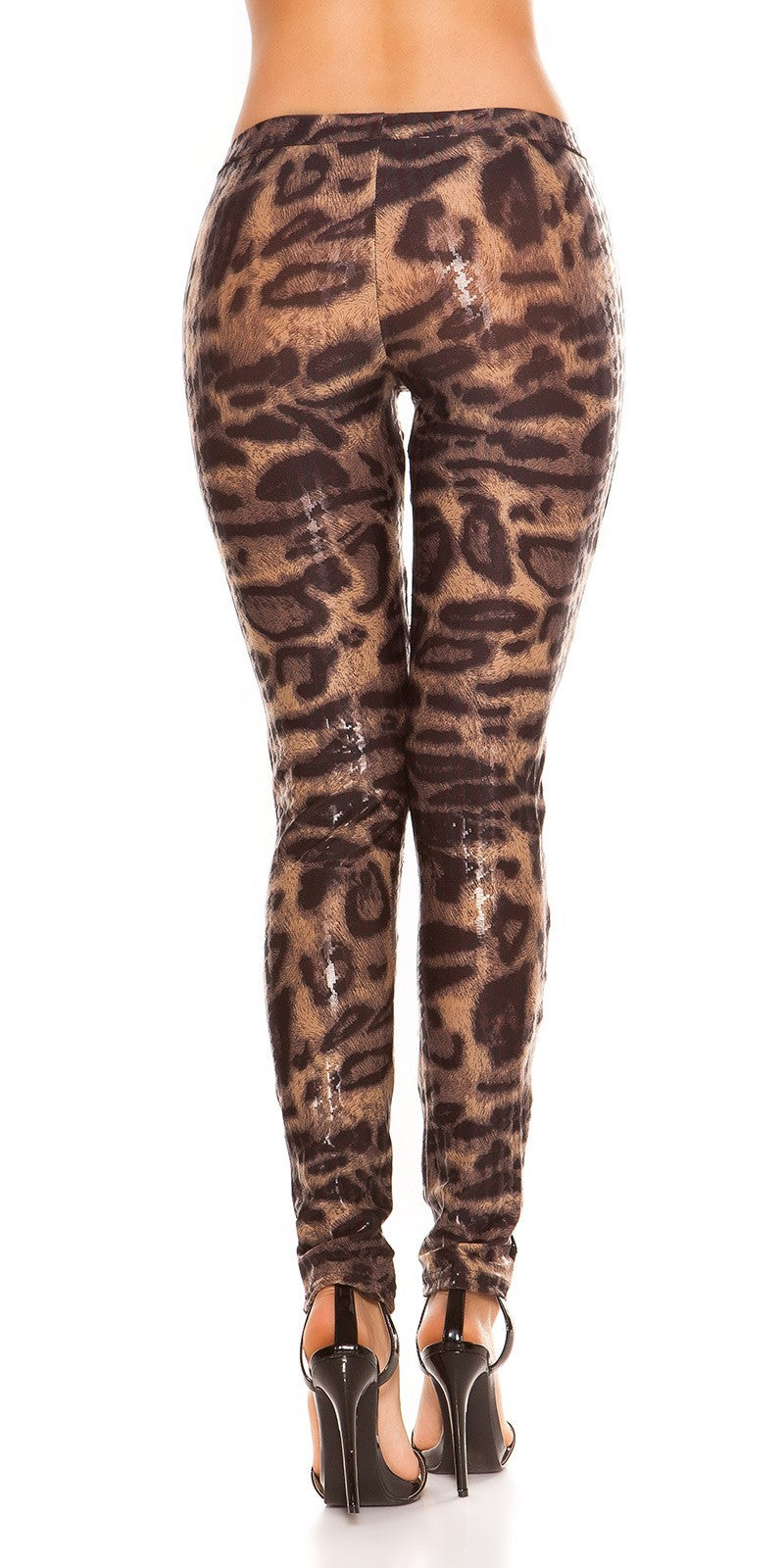 Leggings donna leopardati lucidi con inserti in pizzo nero