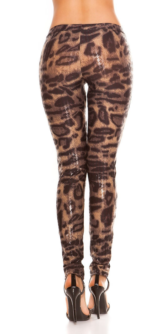 Leggings donna leopardati lucidi con inserti in pizzo nero