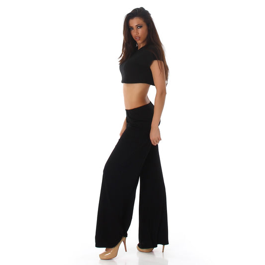 Completo donna nero top e pantaloni in tessuto elastico