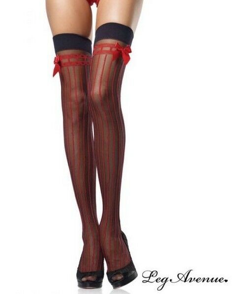 Sexy Calze Autoreggenti velate nere con righe e fiocco rosso