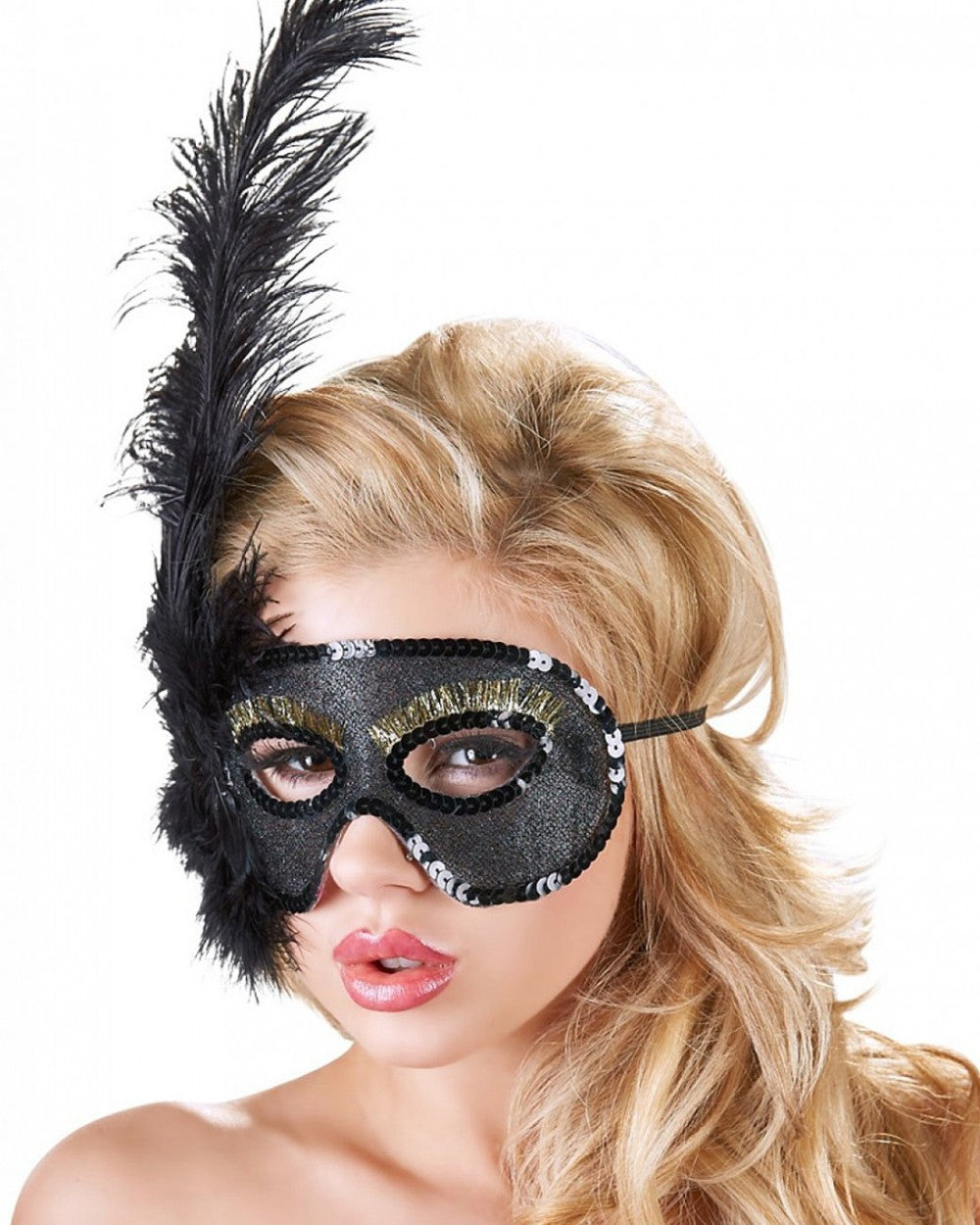 Sexy Maschera nera con piume e pailettes