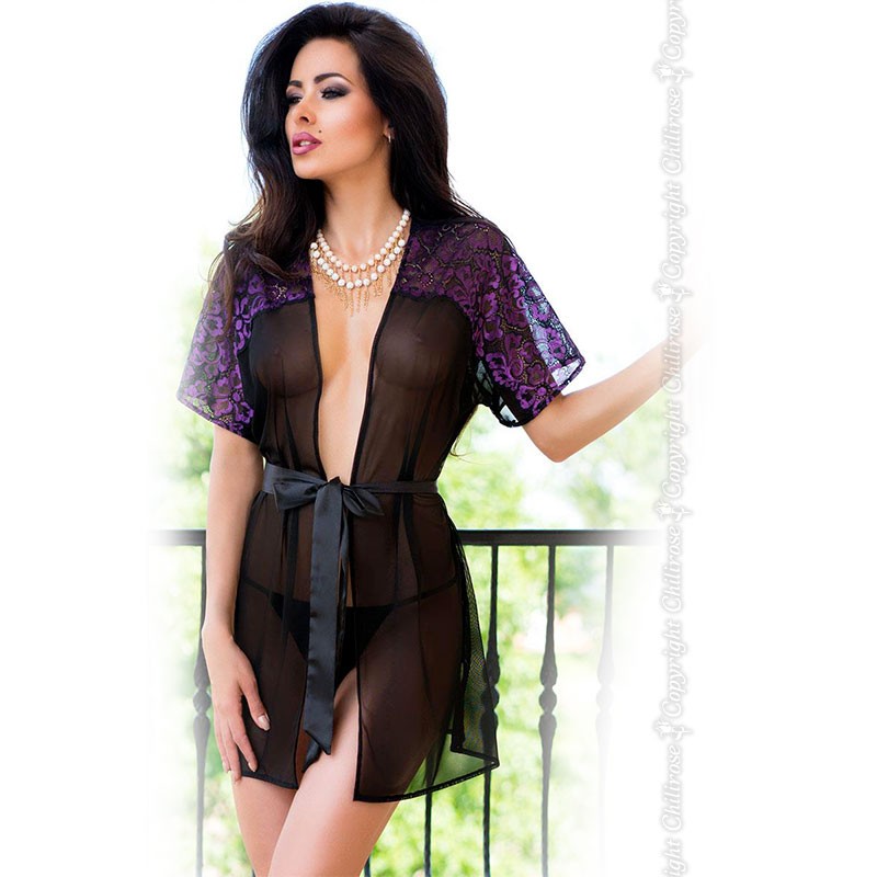 Sexy Vestaglia nera e viola con Perizoma, Chilirose Lingerie