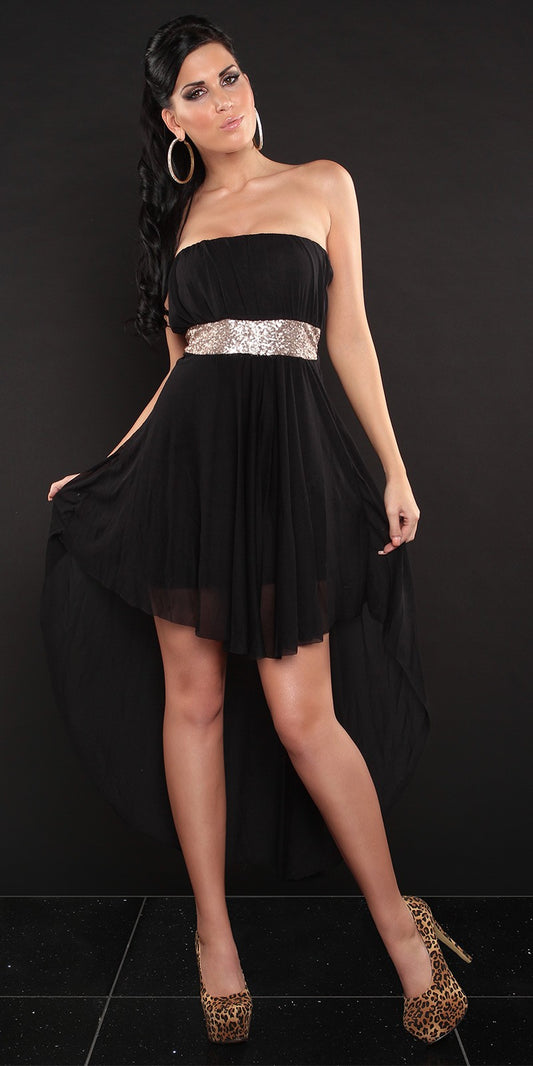 abito nero asimmetrico con pailettes