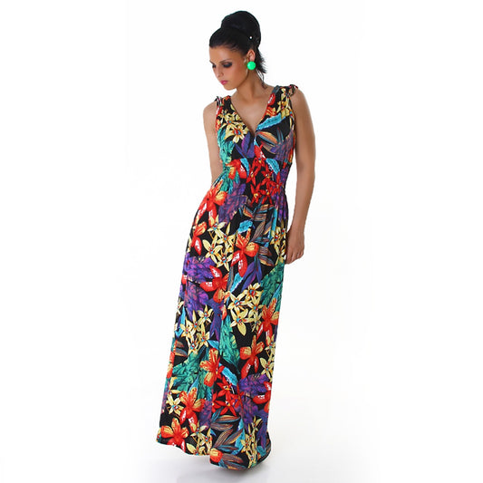 vestito lungo a fiori, scollato a V