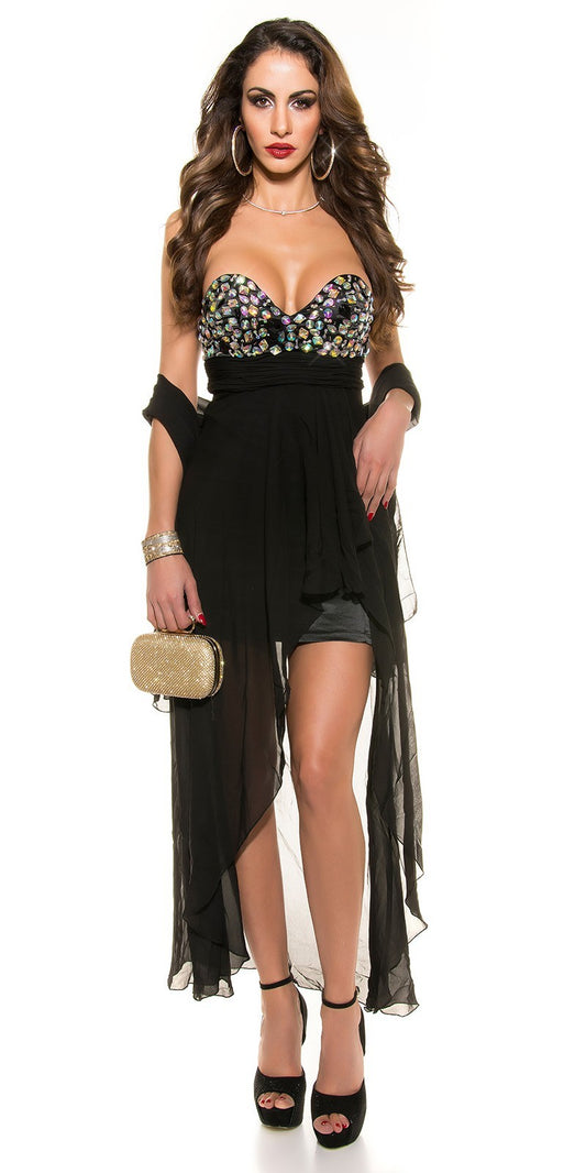 Abito elegante in raso con veli in chiffon e scialle