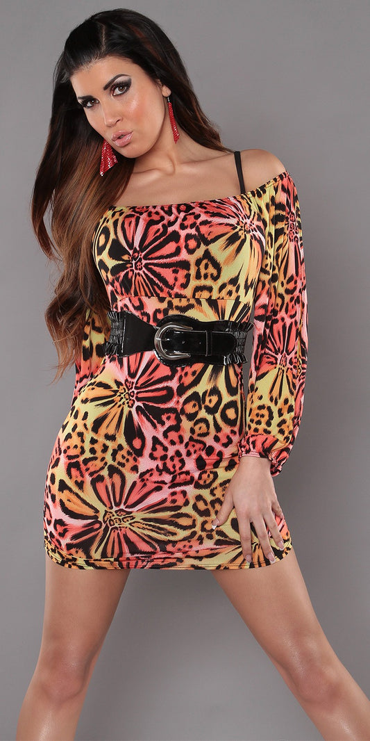 Mini abito donna in fantasia maculata con cintura