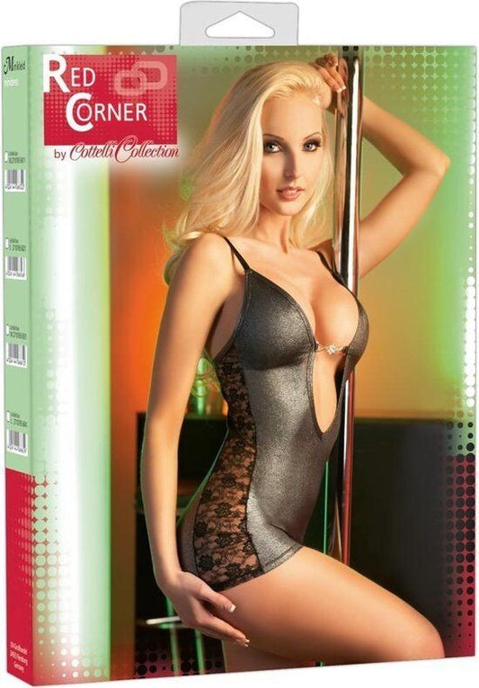 Sexy mini abito nero scollato con pizzo e strass