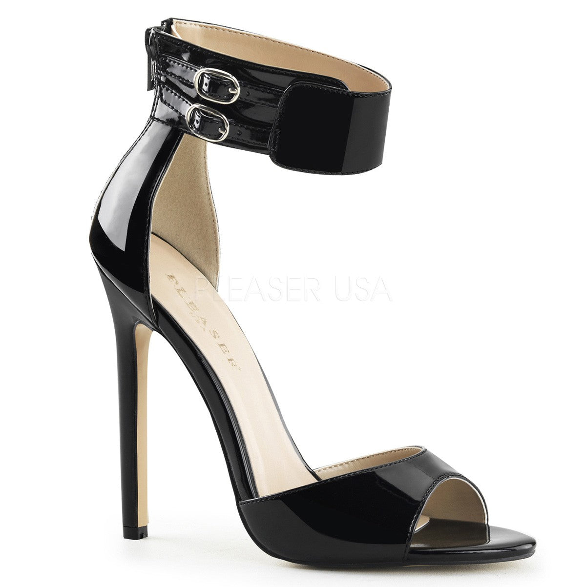 Sandali  in vernice con zip e cinturino tacco 12, Pleaser Shoes